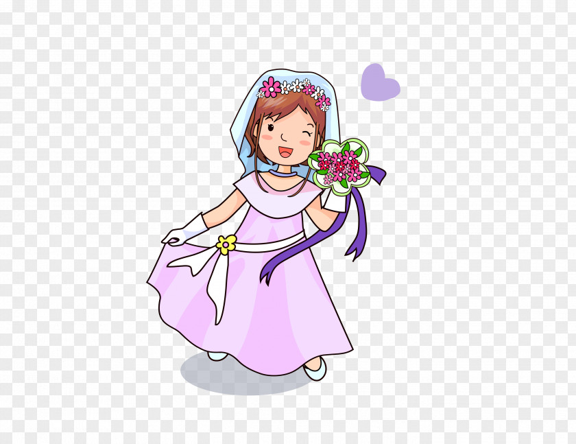 Cartoon Bride Holding Flowers Clip Art PNG