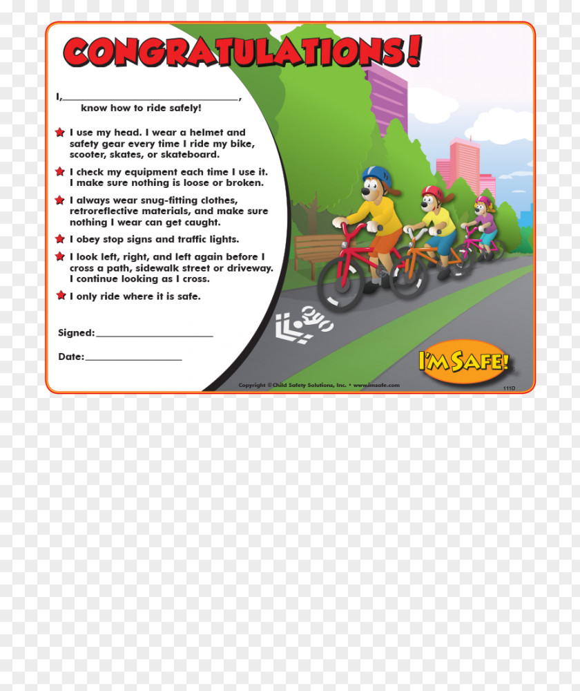 English Certificate Bicycle Safety I'm Safe, On My Bike IMSAFE PNG