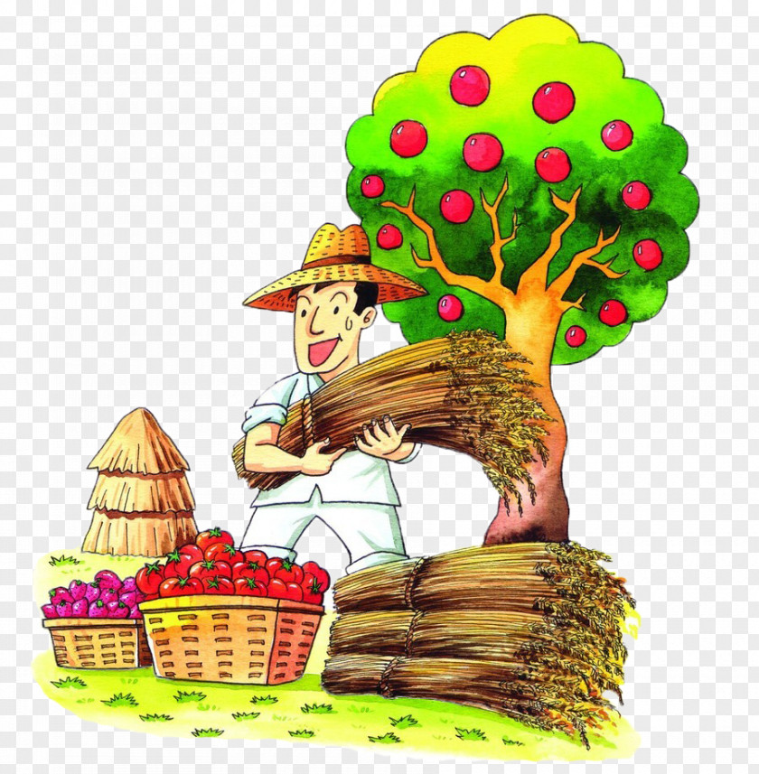 Harvested Full Of Two Baskets Apple Farmers Farmer Cartoon Illustration PNG