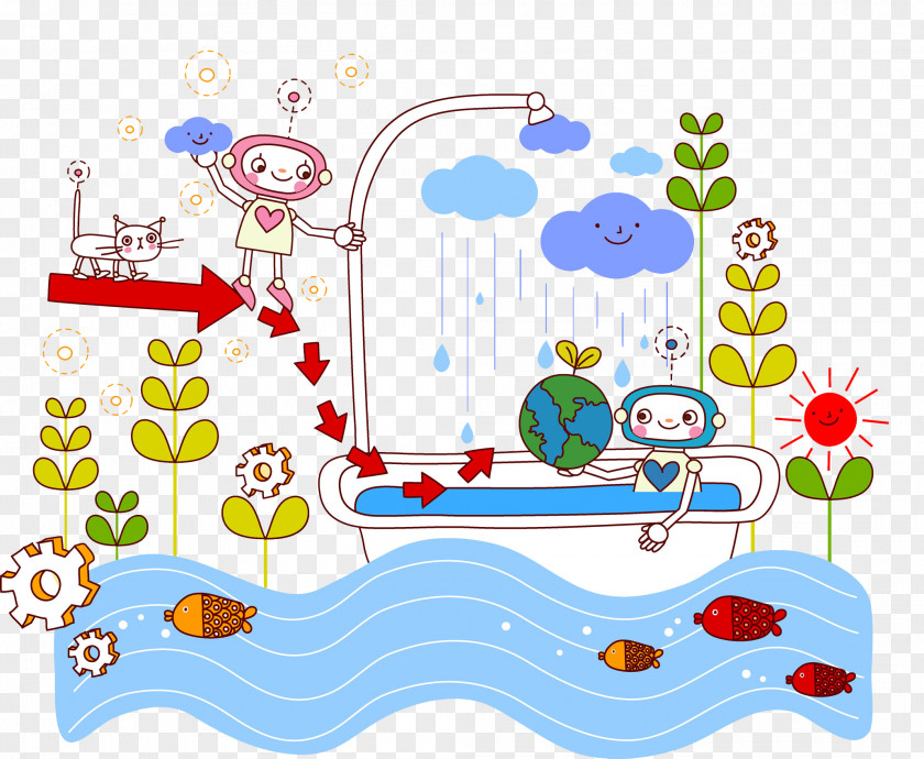 Robots With Globes In The Bathtub Robot Illustration PNG