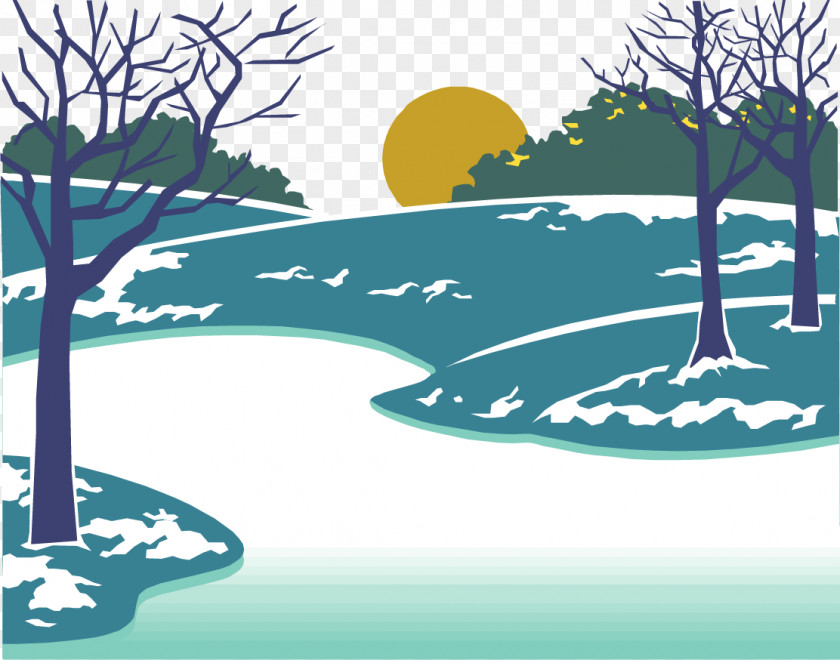 Vector Painted Snow Under The Sunset Cartoon Christmas Clip Art PNG