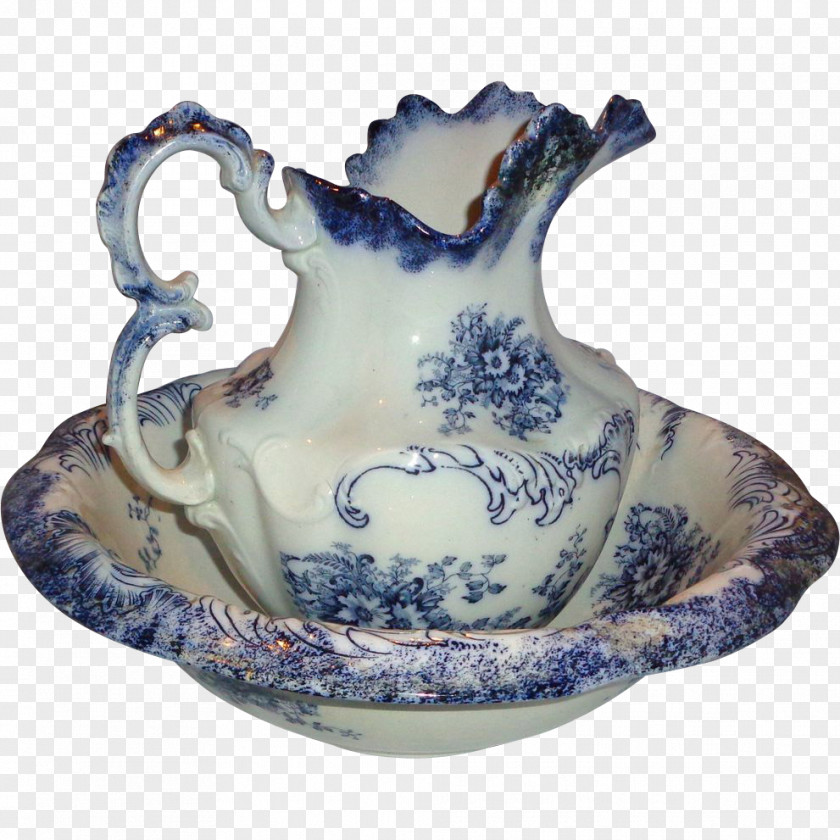 Antique Flow Blue Dishes Sink Washstand Pitcher Tableware PNG