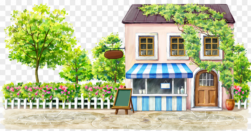 Housing And Small Blackboard Coffee Cafe Cartoon Drawing Illustration PNG