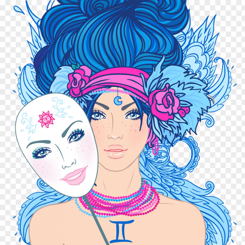 Blue Masked Princess Gemini Astrological Sign Zodiac Astrology Illustration PNG