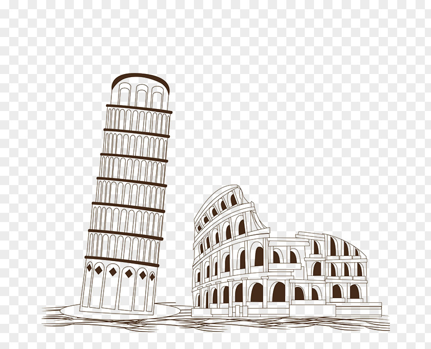 Hand Painted Towers And The Colosseum Leaning Tower Of Pisa Illustration PNG
