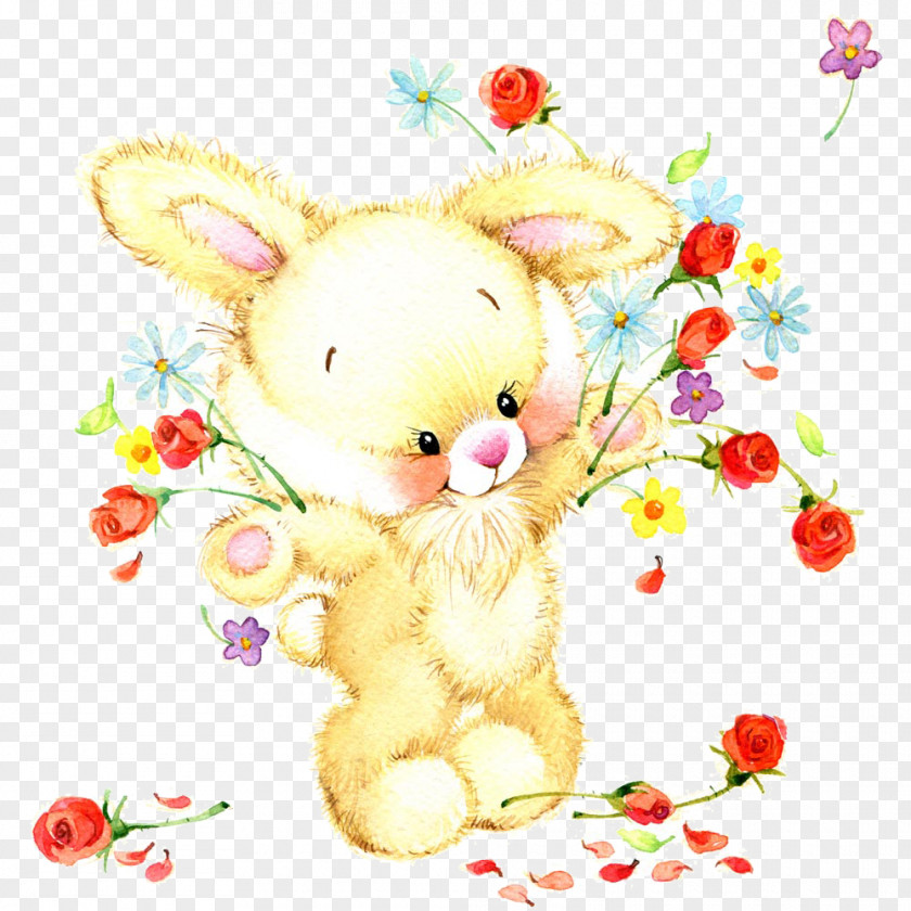Rabbit Throwing Flowers Watercolor Painting Stock Illustration Royalty-free PNG
