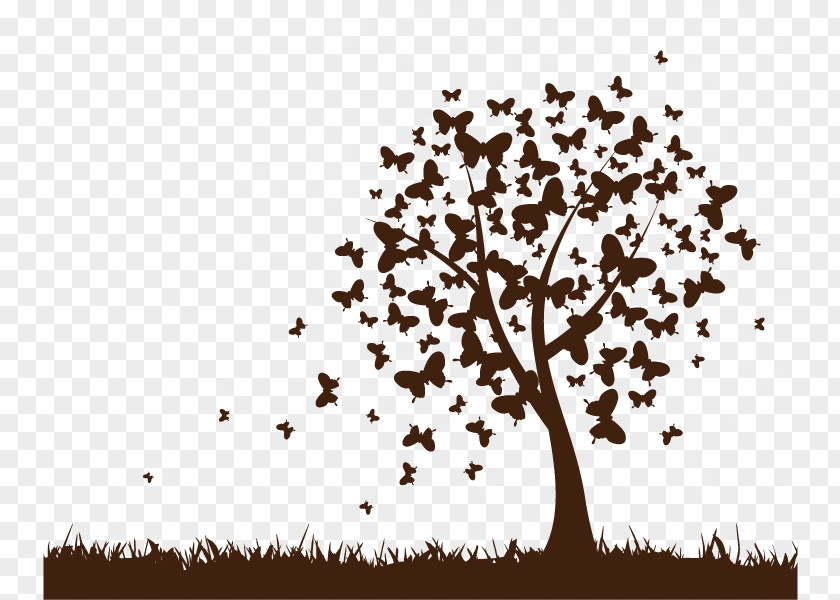 Vector Butterfly Tree Silhouette Wall Decal Clip Art PNG