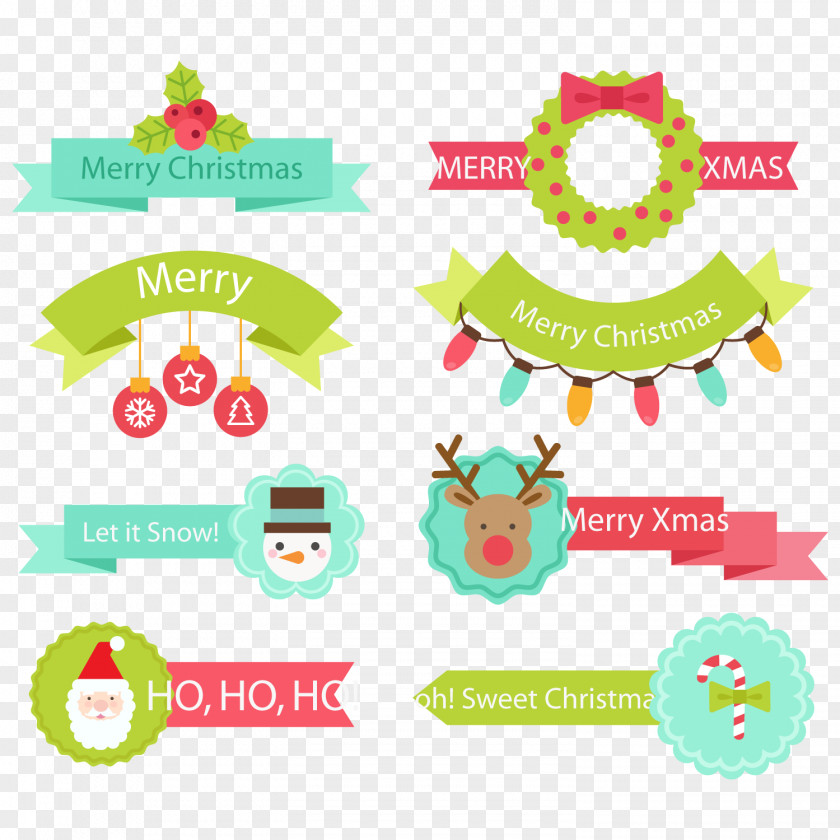 Flat Ribbon Vector Christmas Santa Claus Label Clip Art PNG