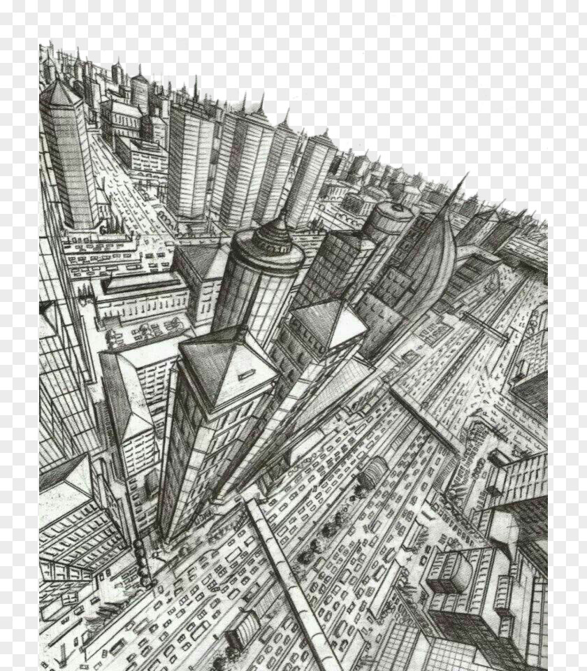 Overlooking The City Drawing Perspective Worm's-eye View Sketch PNG