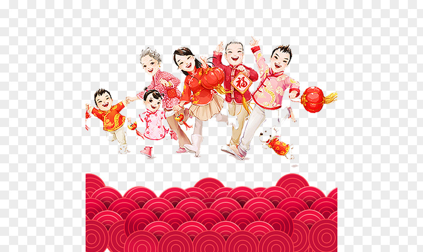 Red Moire Family Portrait And Figure Chinese New Year Years Day Firecracker Wish PNG