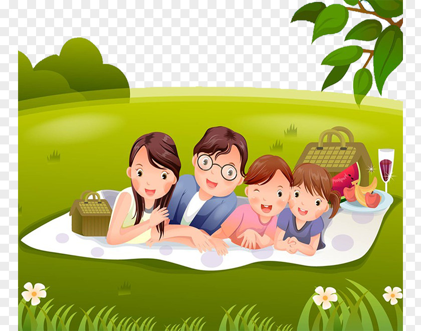 A Family Lying On The Grass Child Cartoon Illustration PNG