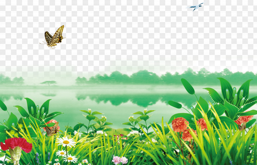 Riverside Flowers Decorated With Green Background Poster Wallpaper PNG