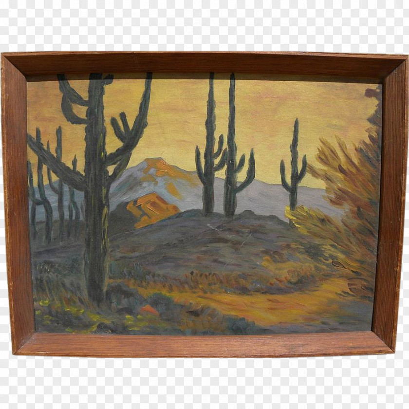 Saguaro Cactus Paintings Acrylic Paint Still Life Modern Art Picture Frames Wood Stain PNG
