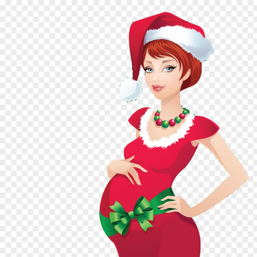 Pregnant Woman Mrs. Claus Santa Pregnancy Christmas Illustration PNG