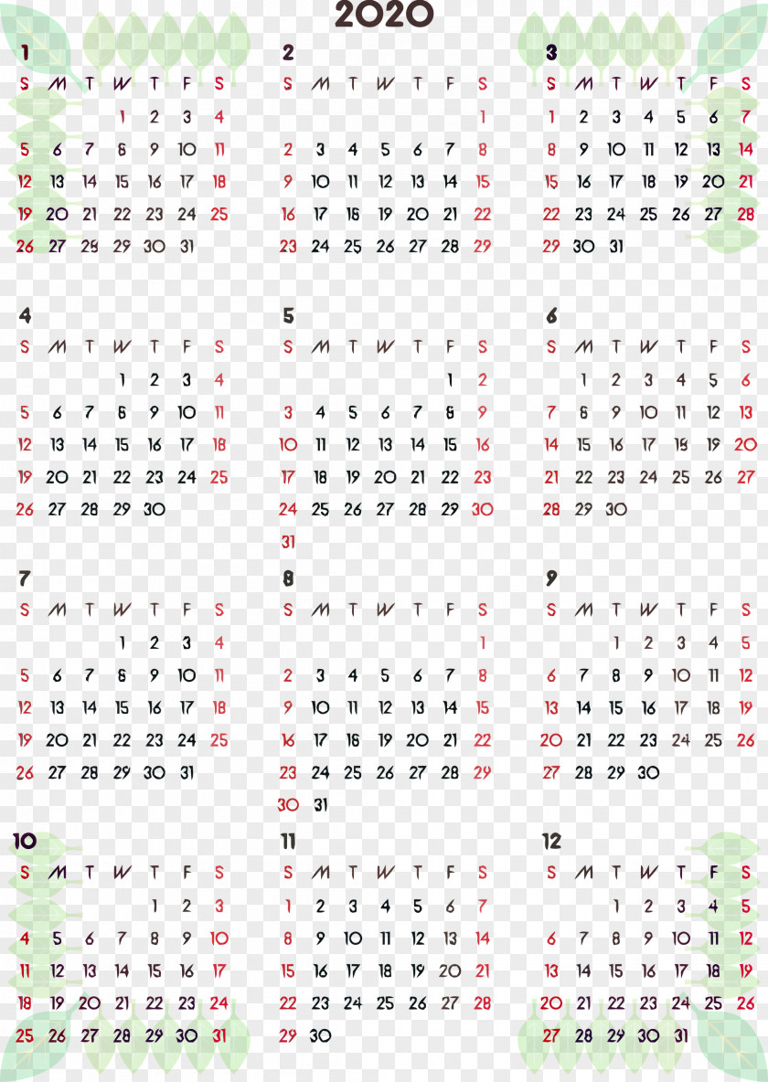 2020 Printable Calendar PNG