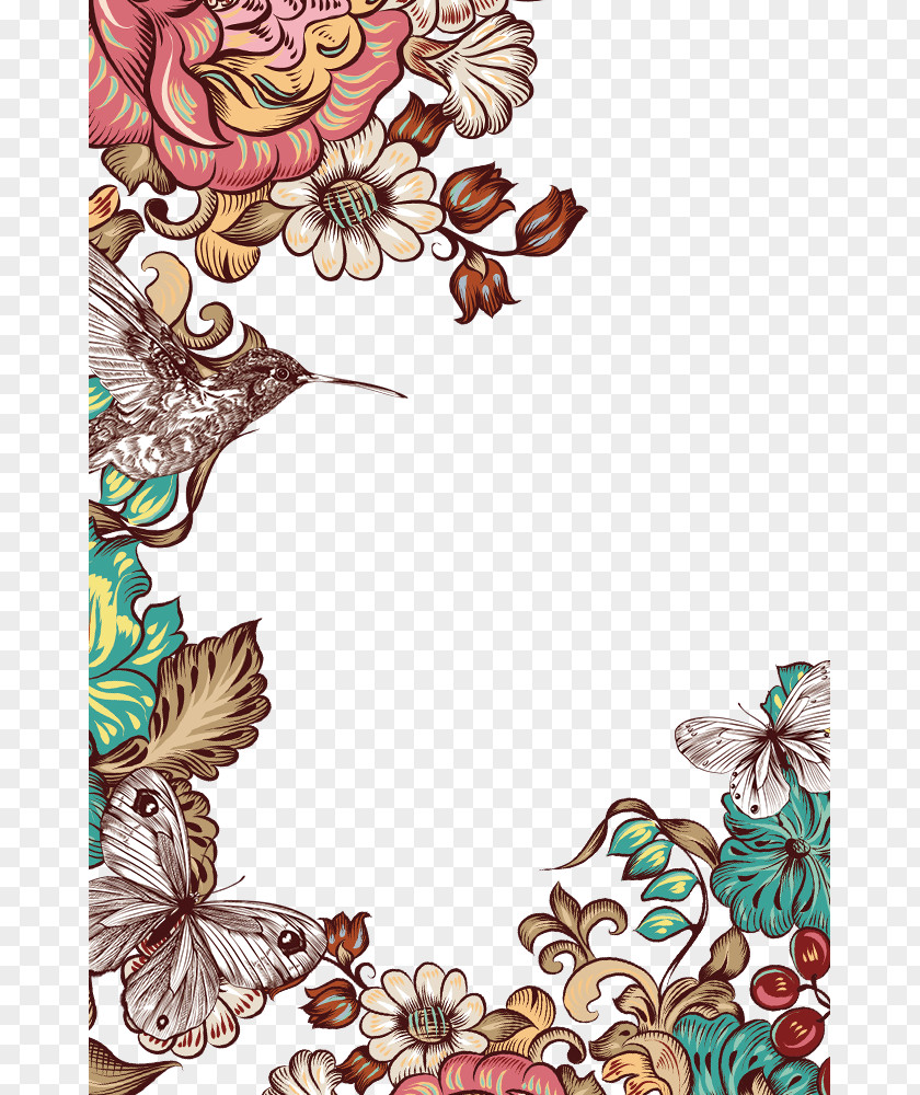 Hand-painted Bird Butterfly Flower Border PNG
