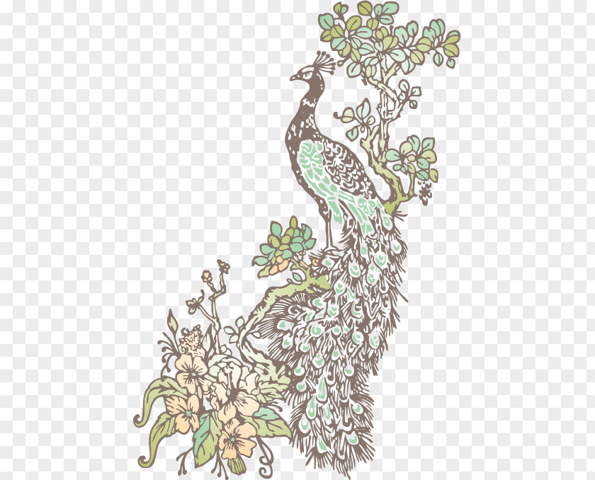 Decorative Beautiful Chinese Style Floral And Peacock Design Peafowl Art PNG