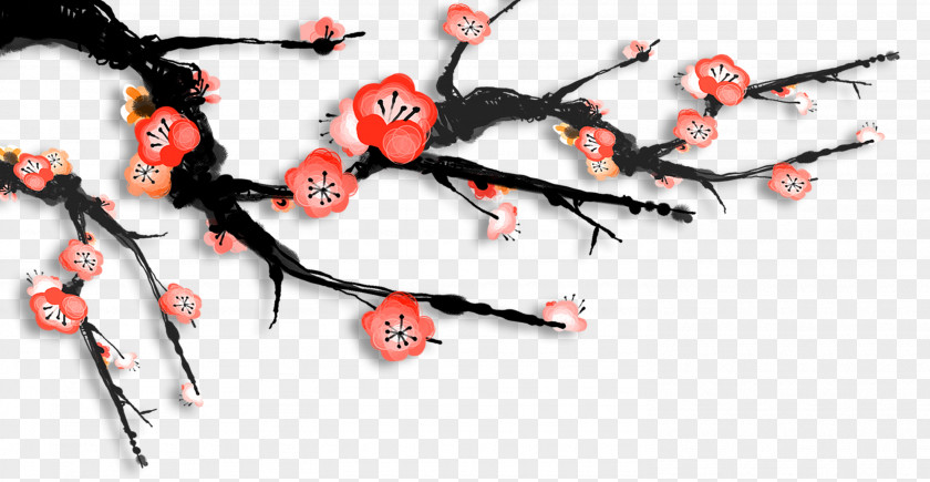 Plum Flower Blossom Poster Ink Wash Painting PNG