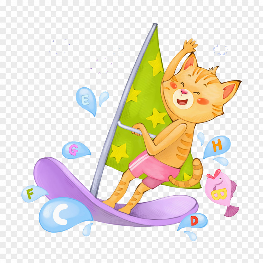 Surfer Cat Cartoon Illustration PNG