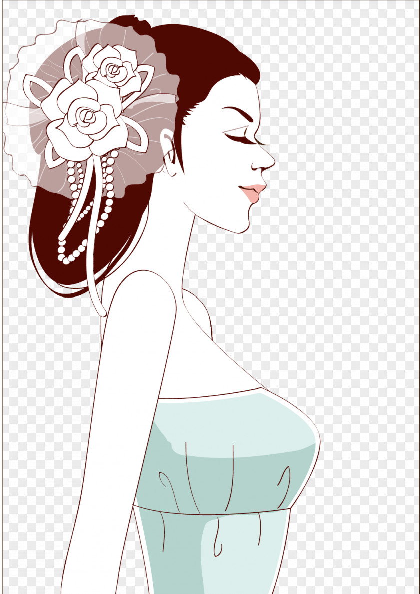 Bride Wearing Flowers In Profile Vector Material Face Woman PNG