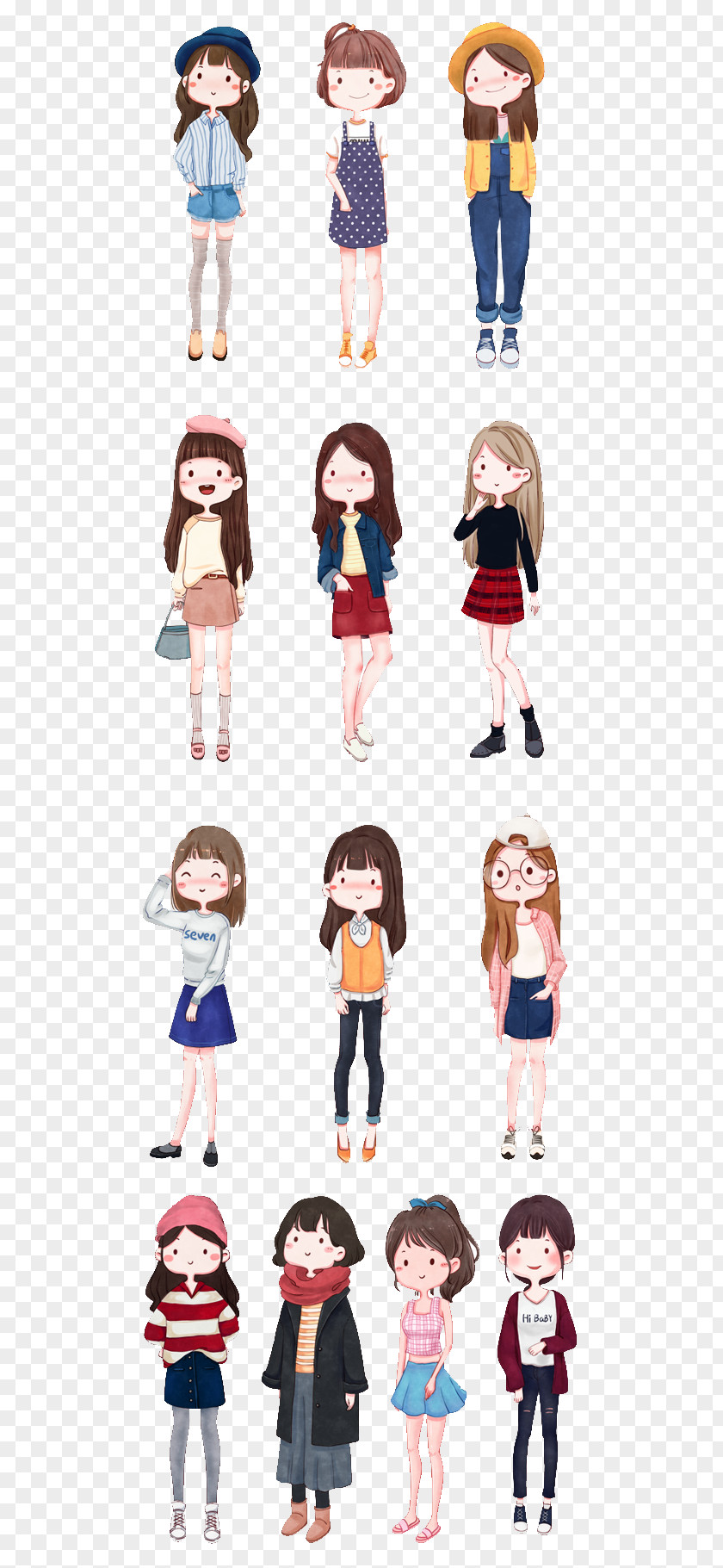 Girl Cartoon Illustration PNG Illustration, Cute cartoon hand painted girl collection, fashion illustration clipart PNG