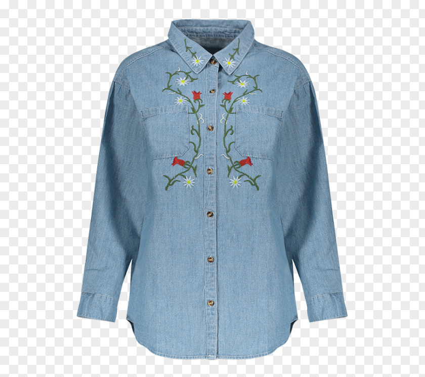 Denim Pocket Blouse Top Sleeve Collar Embroidery PNG