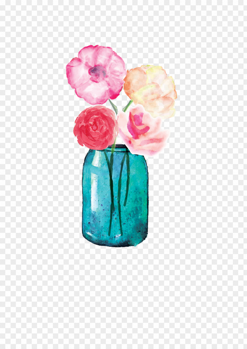 Watercolour Cut Flowers Mason Jar Floral Design Paper PNG