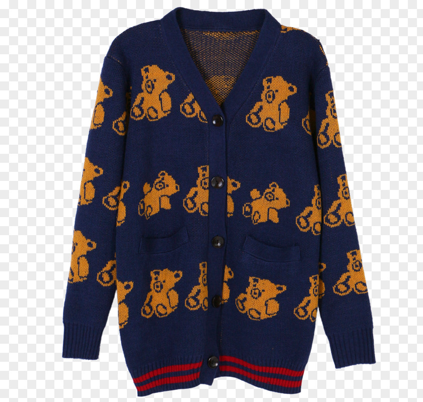 Bear Printed Cardigan Cobalt Blue Sleeve Wool PNG