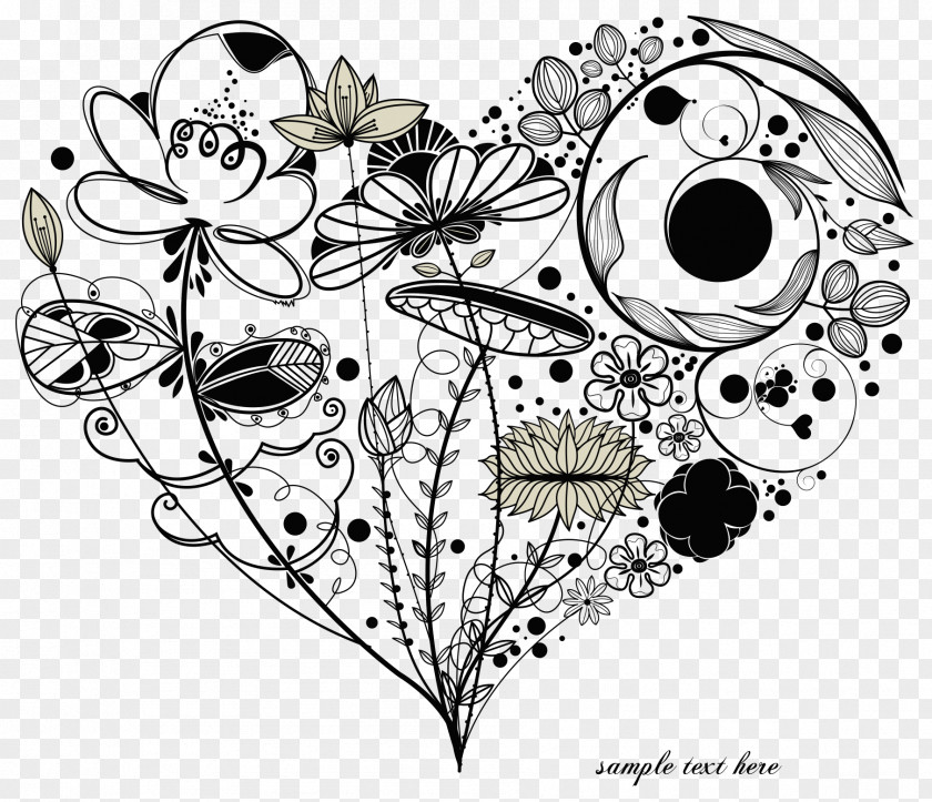 Black Heart-shaped Floral Pattern Vector Heart Love Romance Drawing PNG