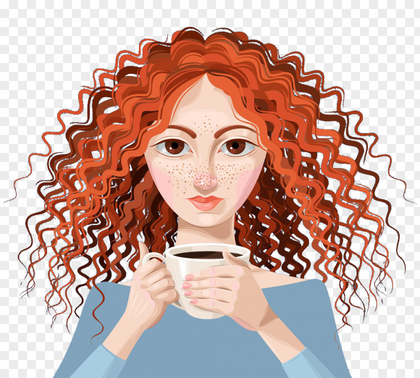 Coffee Girl Illustration PNG Illustration, Curly brown girl clipart PNG