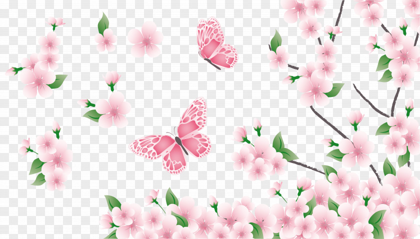 Spring Branch With Pink Flowers And Butterflies Clipart Clip Art PNG