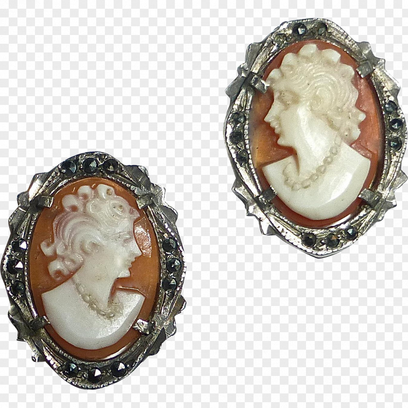 Gemstone Earring Silver Cameo Marcasite PNG