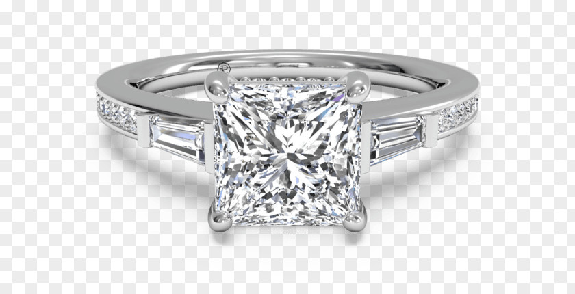 Bagett Engagement Ring Princess Cut Diamond Solitaire PNG