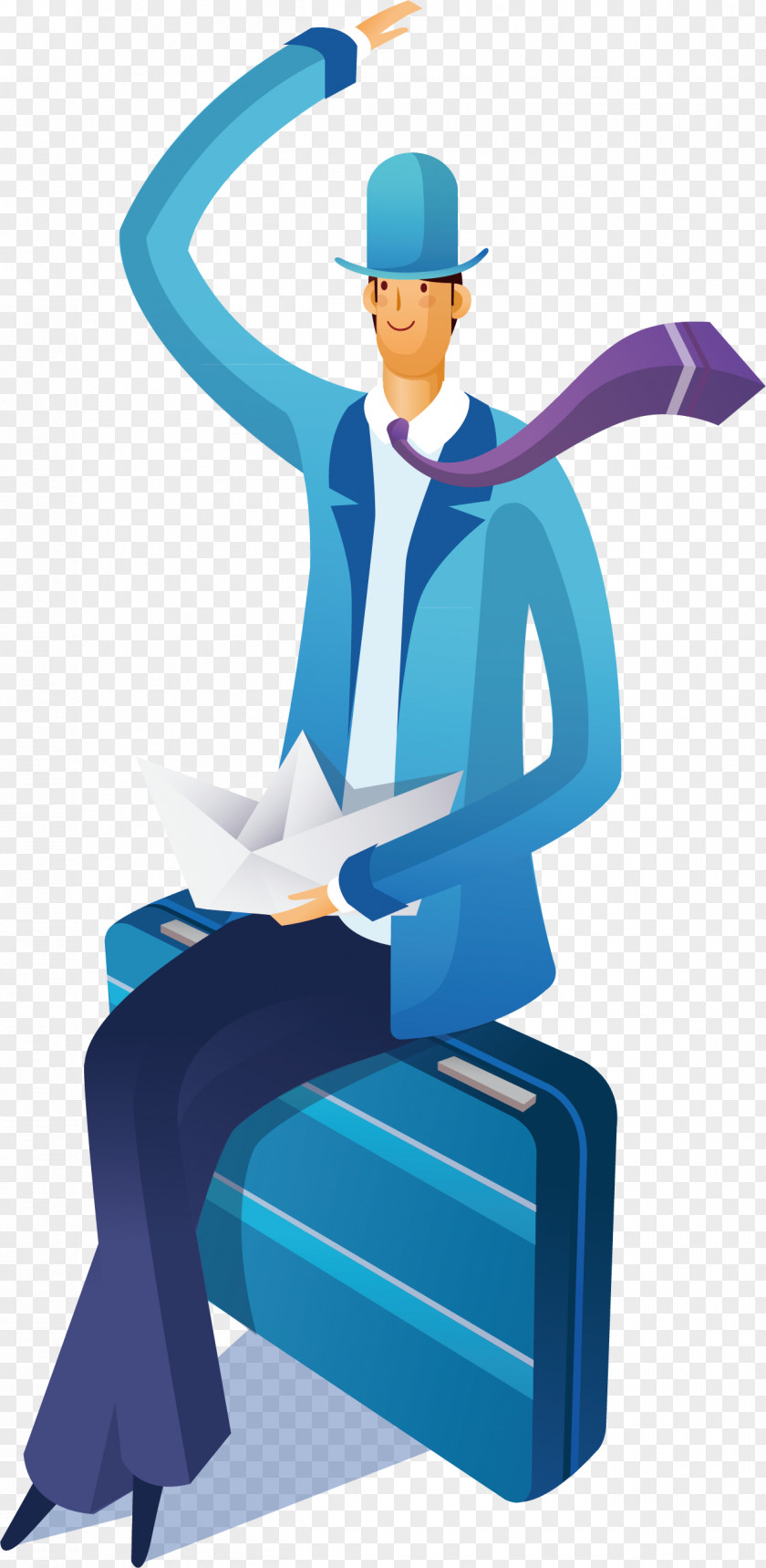 Cartoon Man Sitting On A Suitcase Waving Vector Clip Art PNG