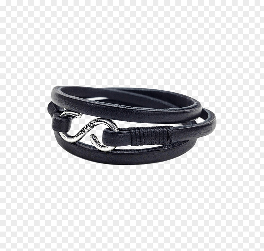 Silver Bangle Bracelet Leather Black M PNG