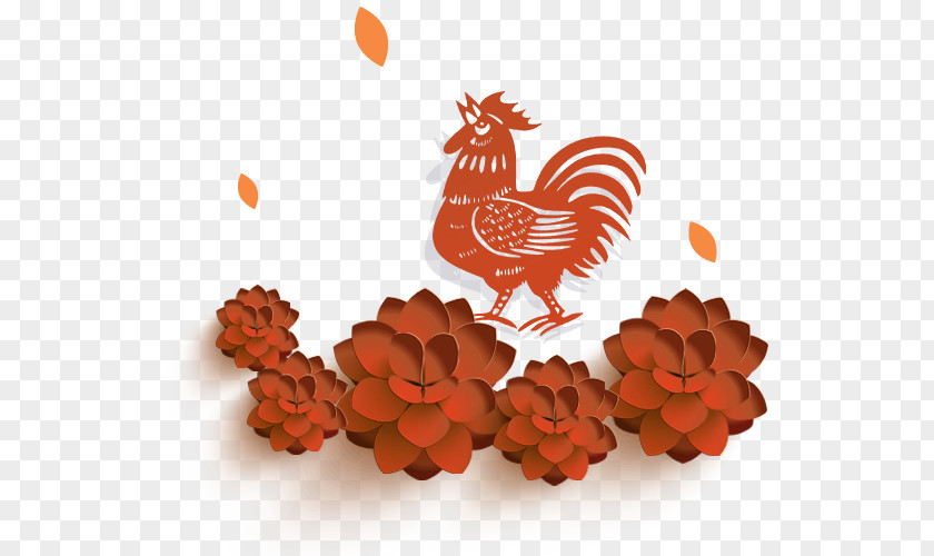 Red Chinese Wind Cock Flower Decoration Pattern China Paper New Year Rooster Zodiac PNG