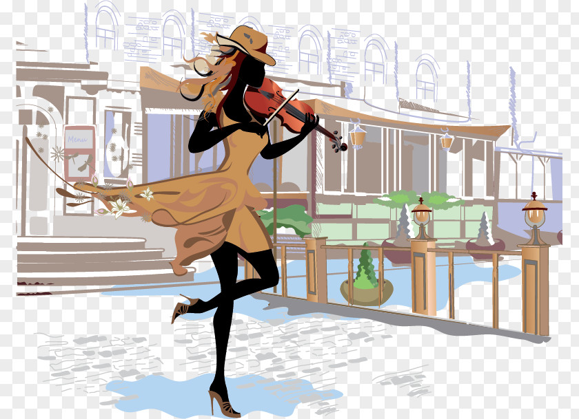Violin Foreign Beauty Cafe Musician Illustration PNG