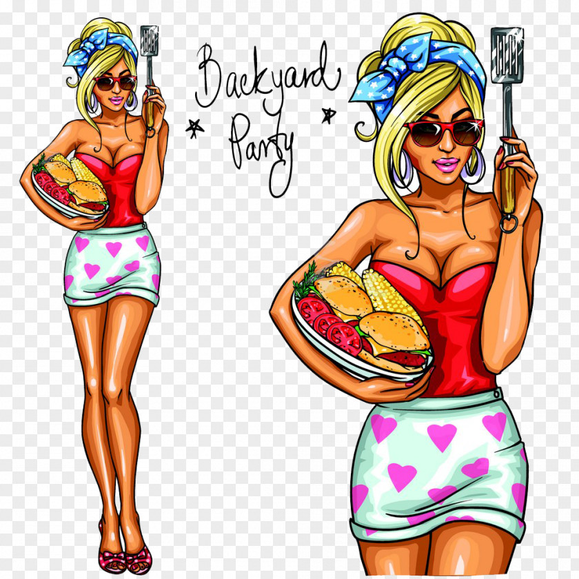 Woman Holding Bread Hamburger Hot Dog Barbecue Cheeseburger Illustration PNG