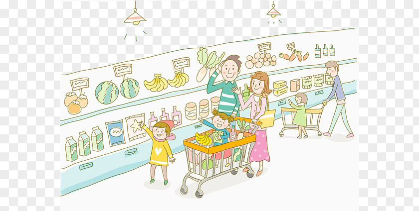 And Parents Buy Food In The Supermarket Cartoon Grocery Store Illustration PNG