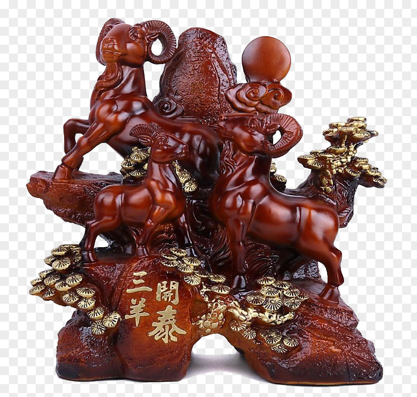 Wood Carving Three Sheep Kai Tai Sculpture PNG