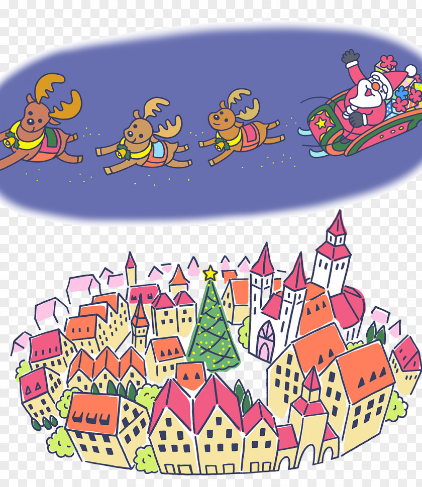 Christmas Town Illustration Père Noël Santa Claus Reindeer PNG