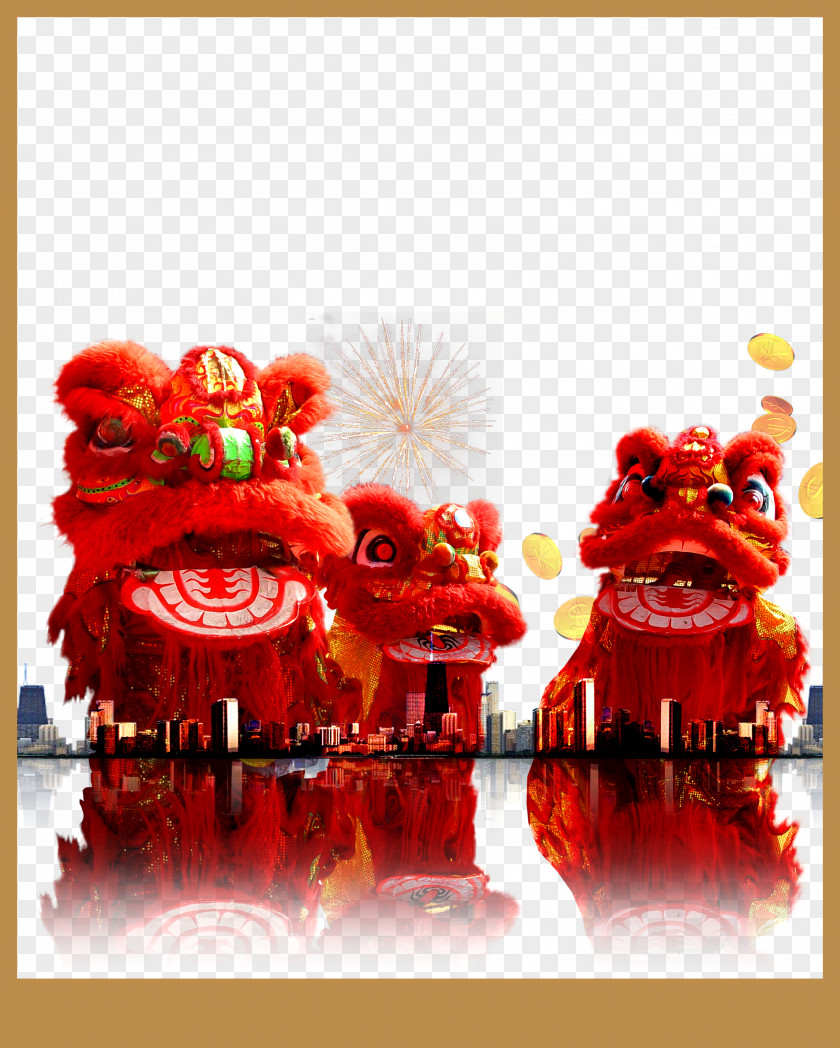 China Wind Red Lion Creative Dance Chinese New Year Dragon PNG
