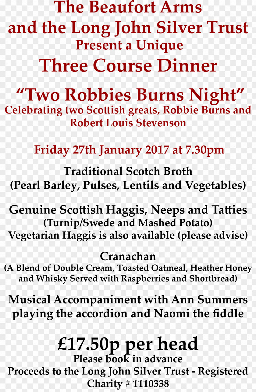 Burns Night Beaufort Arms Food Long John Silver's Menu Pub PNG