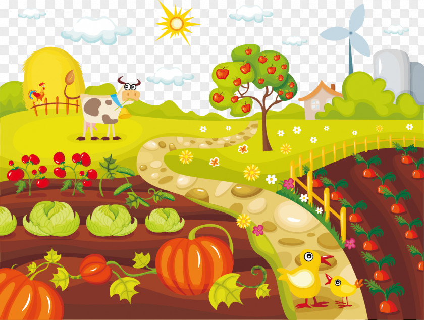 Vegetable Farm Chickens And Cattle Vector Farming Organic Food Clip Art PNG