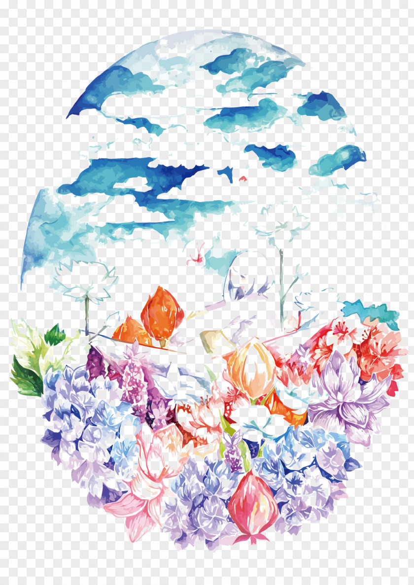Vector Watercolor Sky Under The Flowers Floral Design Flower Bouquet Painting PNG