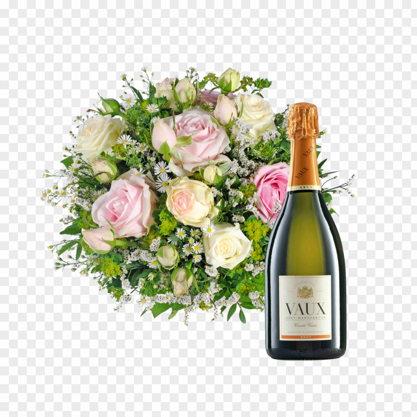 Champagne Glass Bottle Wine Liqueur Floral Design PNG