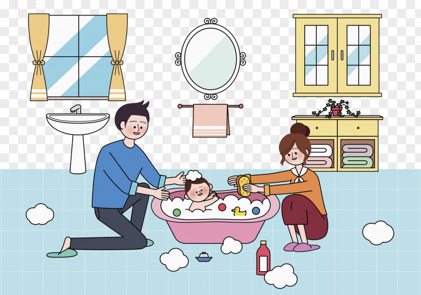 Father And Mother Take Bath For Their Son Bathing Infant Bathtub Child PNG