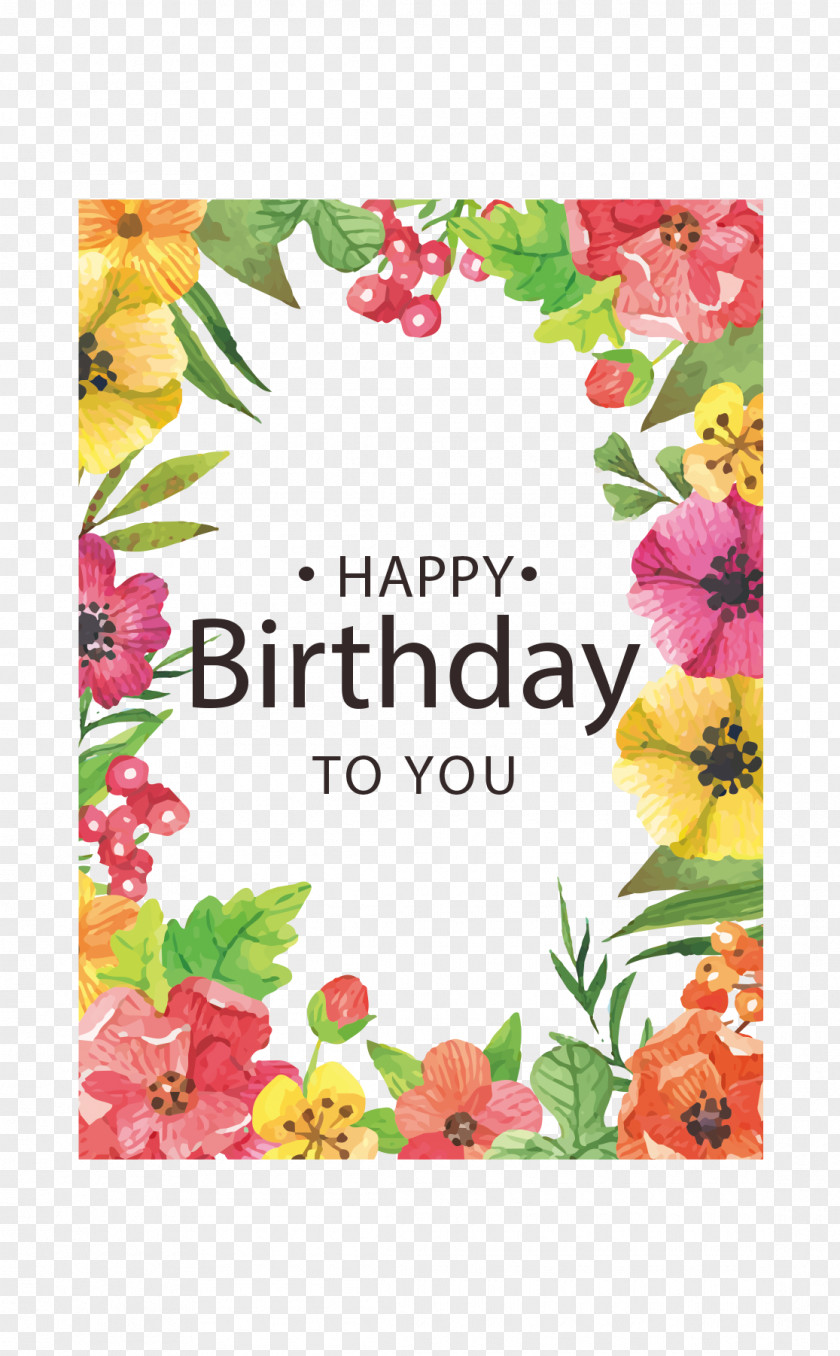 Happy Birthday Card Colored Flowers Greeting Clip Art PNG