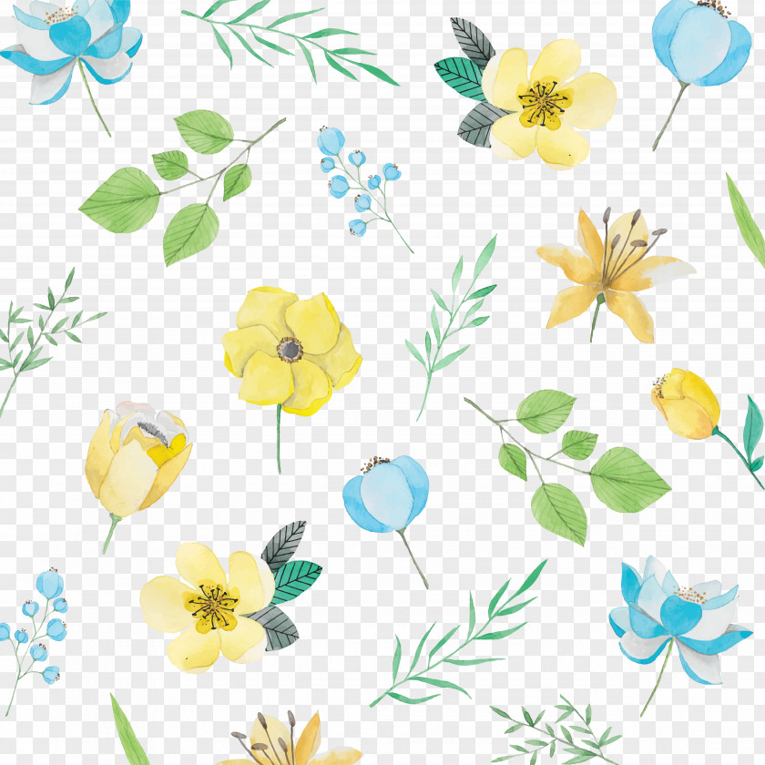 Yellow Watercolor Flower Painting Blue Pattern PNG