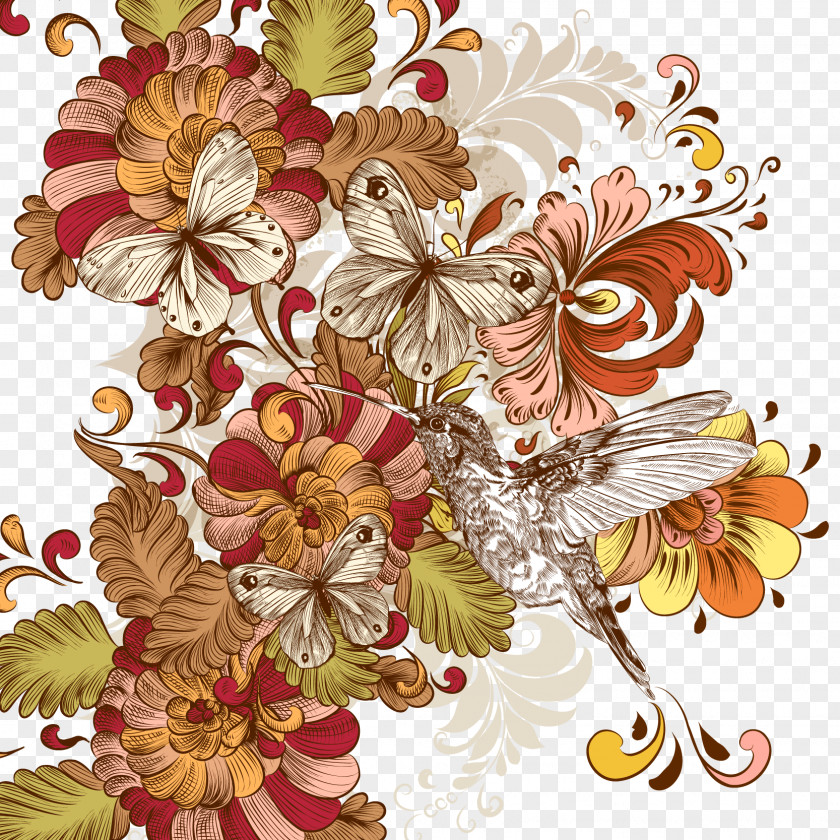 Painted Floral Background Hummingbird Flower Design Vintage Clothing Clip Art PNG